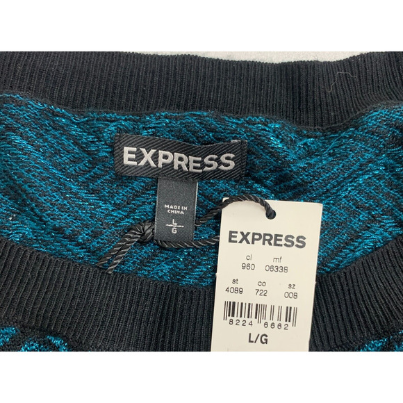 Express Sweater Women L Blue Black Chevron Knit Boat Neck Dolman Sleeve Pullover - Picture 8 of 12
